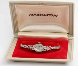 Vintage 14k White Gold Hamilton Wristwatch W/ 28 Diamonds Bezel & Box