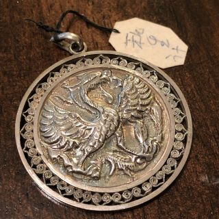 Antique Chinese Low Purity Silver Pendant Dragon - Bird Figure Authentic Asian