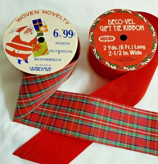 Vintage Christmas Ribbon Rolls Offray Cleo Red Deco - Vel Gift Tie Fancy Plaid Usa