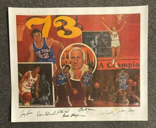 1973 Ny Knicks Team 7x Signed 24x29 Poster W/ Debusschere Frazier Hof Bas Loa