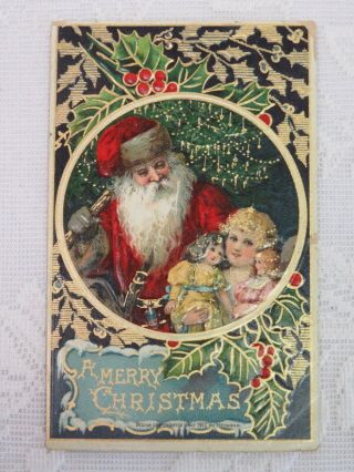 Vintage Christmas Postcard,  Santa With Girl Holding Dolls,  Heymann,  1912