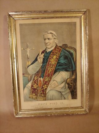 1871 Pope Pius Ix Currier & Ives Antique Silver Gilt Frame Print Very Rare