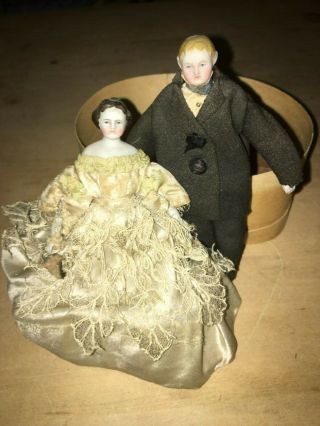 Antique Dollhouse Miniature Porcelain Bisque Bride & Groom Doll Pair Damage Feet