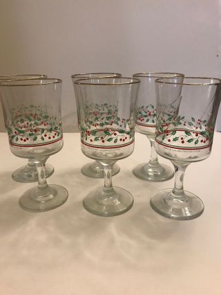 6 Vintage 1986 Arbys Christmas Holiday Holly Berry Glasses Wine Goblet Libbey