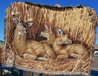 Vintage Ducks Unlimited Deer In Forest Woven Tapestry Fringe Throw Blanket 64x48