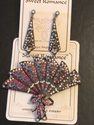 Vintage Sweet Romance Fan Brooch And Earring Set Pink And Clear Rhinestone