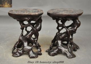 6 " Rare Unique Chinese Rosewood Wood Carved Bonsai Potted Plants Stand Base Pair