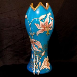 Antique French Glass - Porcelain Vase Large Hand Painted Enamel Orchids,  Very Rare