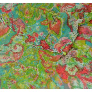 Sanskriti Vintage Green Saree Blend Georgette Printed Sari Craft 5 Yard Fabric 2
