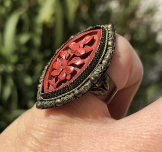 Antique Old Chinese Export Cinnabar Ornate Floral Adjustable Ring 1
