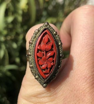 Antique Old Chinese Export Cinnabar Ornate Floral Adjustable Ring 1 2