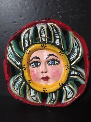 Vintage Mexican Folk Art Carved Sun Wood Painted Mask Wall Hanging Guerrero 10 "