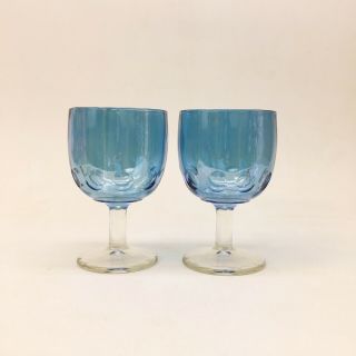 Set Of 2 Iridescent Blue Goblet Glasses Clear Stems Vtg Wine Water Good Conditon