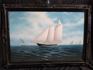 Large Vintage Oil Painting Of Sailboat On Ocean Framed 43 "