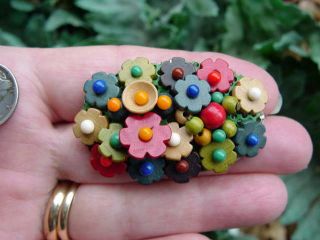 Vintage Mulit Color - Wooden Bead Flower Pin - Czechoslovakia Brooch