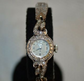 Vintage 14k White Gold And Diamond Ladies Hamilton Wristwatch