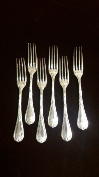 19th C.  French Silverplate Christofle Rubans Six Dessert Forks.