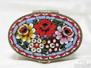Vintage Italian Micro Mosaic Pill Trinket Box Charming Rose Floral Design 12887