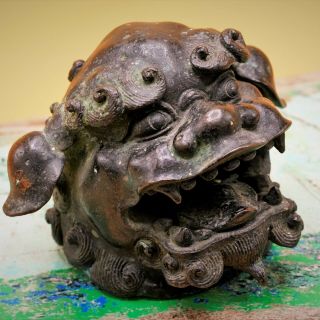 Chinese Antique Fine Bronze Buddhist Lion Dog,  Censer Lid Mythical Creature Head