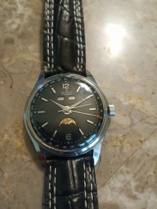 Vintage Alpha Moon Phase 17j Triple Calendar Black Dial Watch