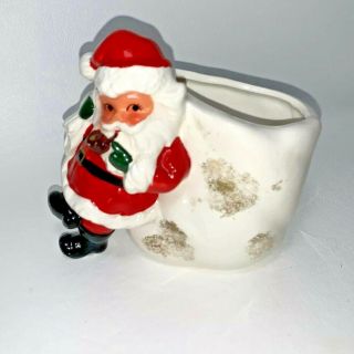 Vintage Norcrest Japan Santa W Bag Pipe Planter Candy Bowl Holder Red Gold