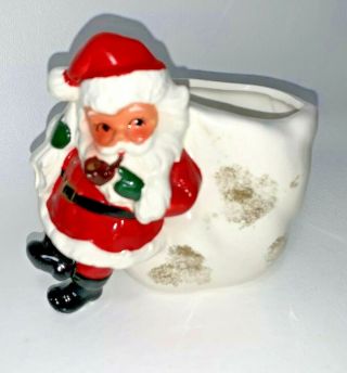 Vintage Norcrest Japan Santa W Bag Pipe Planter Candy Bowl Holder Red Gold 2