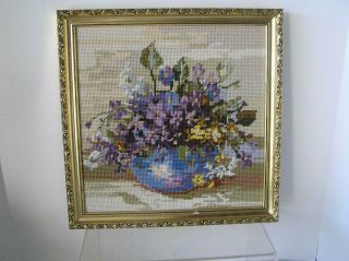 Handmade " Floral Bouquet " Vintage Tapestry Needlepoint Picture Finished Framed