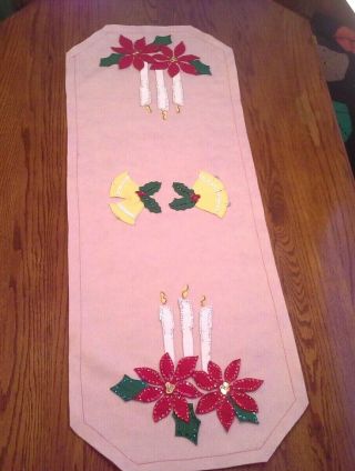 Vintage Hand Made Felt Christmas Table Runner With Beaded And Sequined Cut Outs