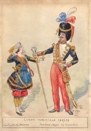 Vintage French Watercolor Drawing,  Army Imperial Guard Napoleon Iii,  Signed 1953