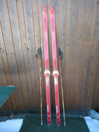 Vintage Wooden 80 " Skis Brown Wood Finish Signed Clement,  Poles