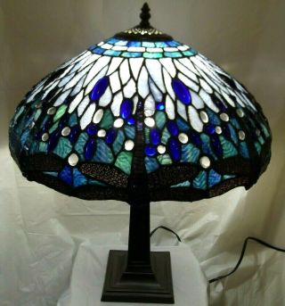 Tiffany Style Slag Multi Blue Colored Glass 22 " Tall Dragonfly Table Lamp