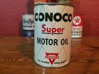 Vintage Conoco Motor Oil Can 1950 Metal Full Continental Oil Company Ok.