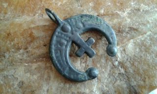 Antique Viking - Age C.  10 - 13 Century Lunate " Crescent And Cross " Female Pendant