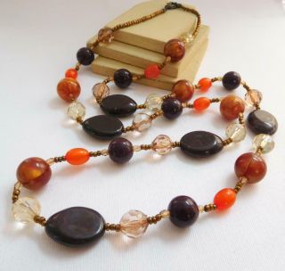 Vintage Boho Brown Amber Orange Gold Earth Tone Lucite Bead Long Necklace S33