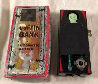 Vintage Yone Coffin Bank Tin Toy Box Yonezawa Japan Skeleton Halloween
