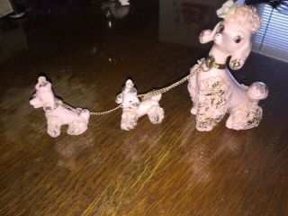 Vintage Porcelain Spaghetti Pink Poodle W/ 2 Puppies On A Chain Lefton China Co.