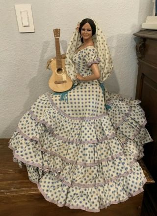 Vintage Big 26” Marin Chiclana Sitting Doll Spanish Flamenco Dancer Dress Guitar