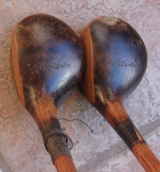 2 Matching Spalding Antique Vintage Hickory Wood Shaft Golf Clubs Driver Brassie