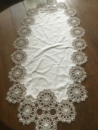 Vintage Hand Tatted With Linen Long Dresser Scarf Table Runner