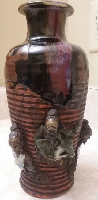 Antique Japanese Large Sumida Ware Pottery Vase 3 Men 9 1/4 " Tall
