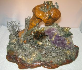 Vintage Amethyst Pyrite Wood Gold Miners Diorama Scene Folk Art Sculpture