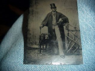 Vintage 1800s Tin Plate Photo Well Dressed Black Man With Dog & Cane & Gloves