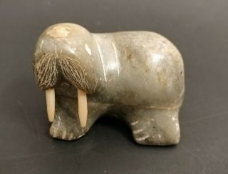 Antique Signed Inuit Canadian Eskimo WALRUS Soapstone Carving w/Stand 2
