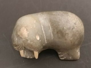 Antique Signed Inuit Canadian Eskimo WALRUS Soapstone Carving w/Stand 3