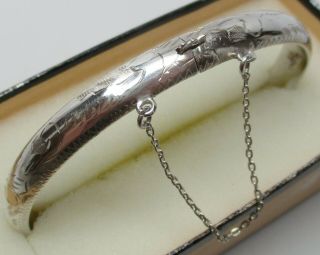 Vintage Sterling Silver Chunky Etched 7 - 1/2 " Bangle Bracelet With Safety Chain