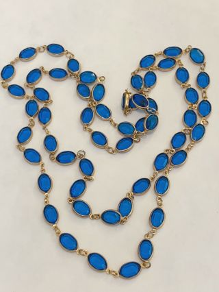 Vintage Swarovski Blue Crystal Bead Necklace Bezel Set Single Strand 36 " Long