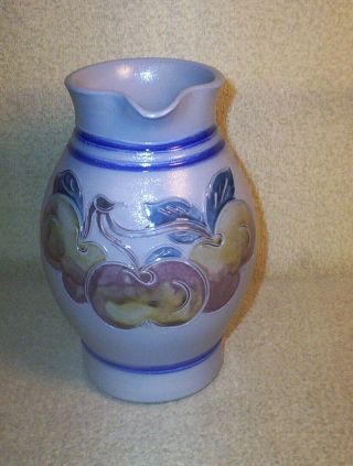 Vintage " Handarbeit " Salt Glaze Stoneware Pottery Pitcher W/colored Fruit Scene