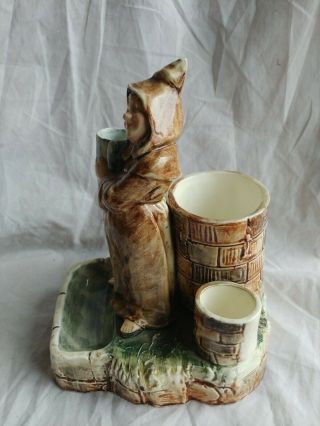 Antique Ceramic Majolica Monk Smoking Set Match & Cigarette Holder & Striker 2