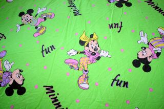 Vintage Disney Cti Minnie Mickey Fun Flat Bed Sheet Green Cute Fabric Twin Bed
