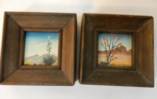 Two Vintage Southwest Miniature Landscape Oil Paintings,  Yucca,  Framed,  Signed